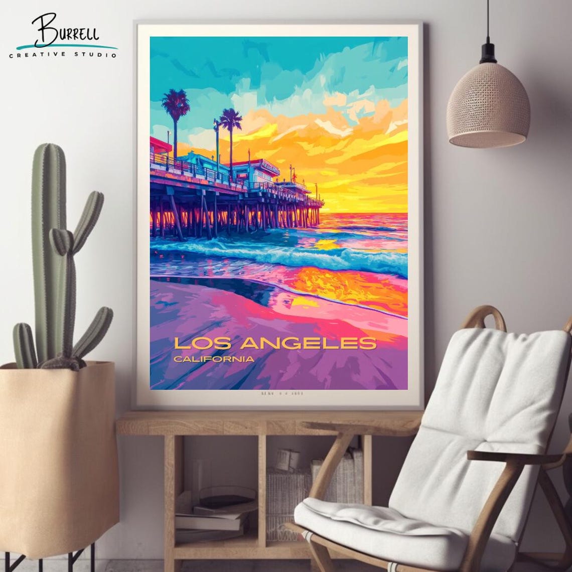 Los Angeles Santa Monica Pier Sunset Waves Oceanfront Travel Poster - Image 2