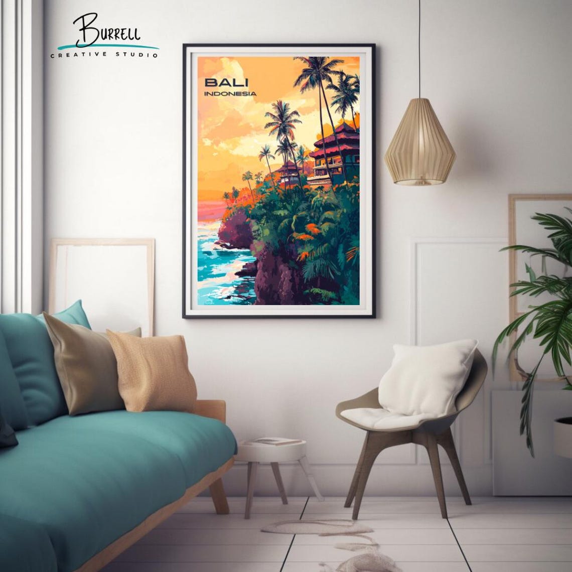 Bali Indonesia Clifftop Temple Palm Silhouette Ocean Sunset Poster - Image 3