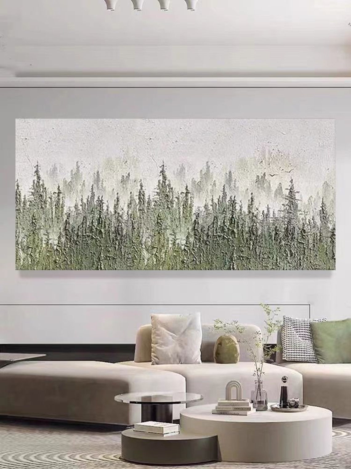 Abstract Cool Tone Nature Landscape Art On Green Forest Wall Art Hand Painted Gift For Home Decor Custom Texture Rectangle Artwork - Image 4