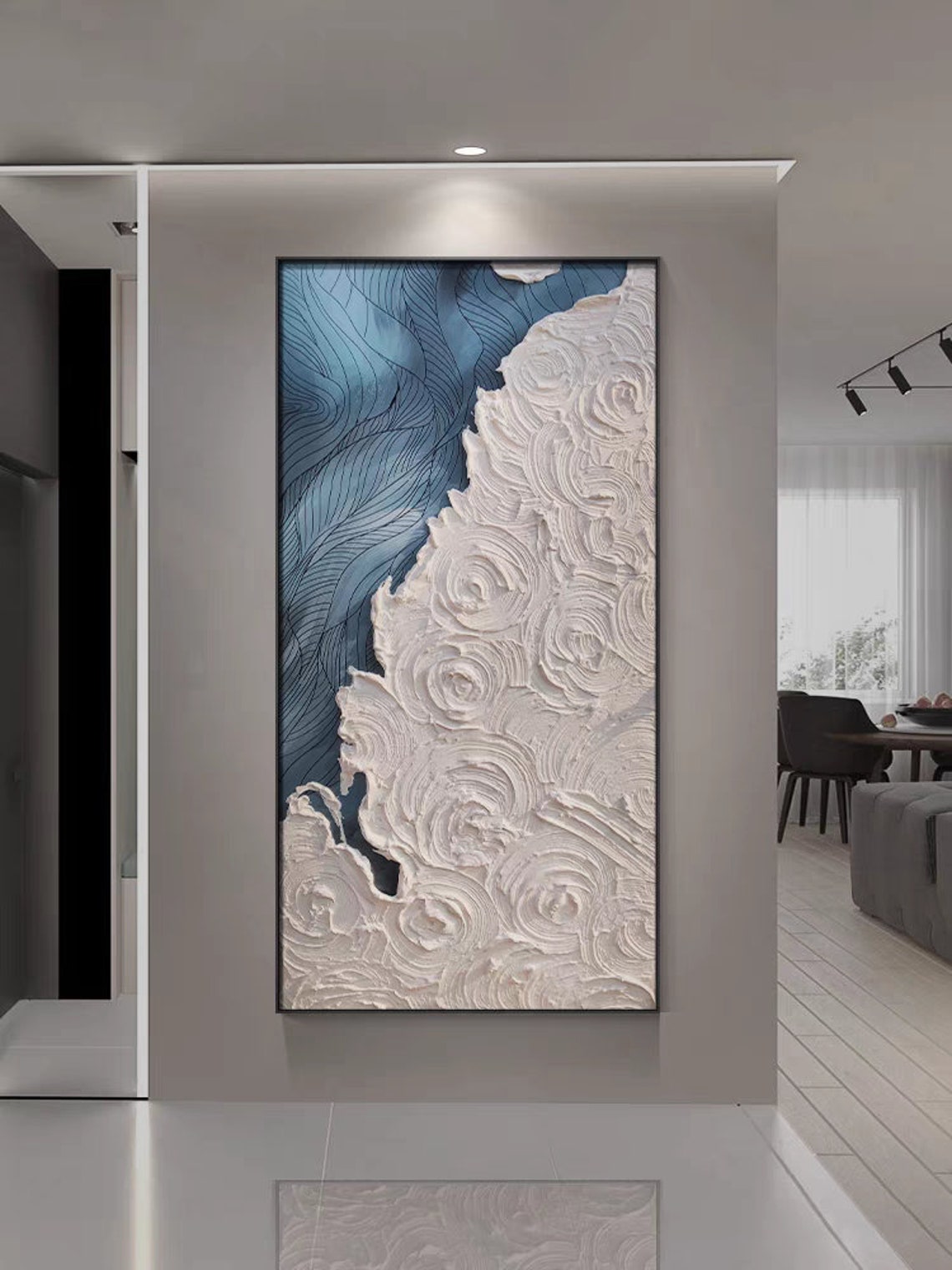Abstract Blue Waves and White Textured Swirls Split Design Poster - Image 4