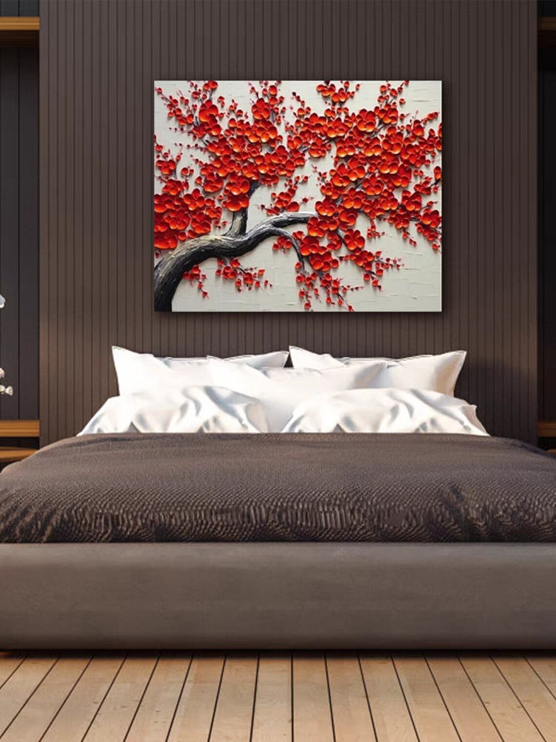 Red Blossom Tree Black Branch Sculpted 3D Floral Oil Painting Poster - Image 3