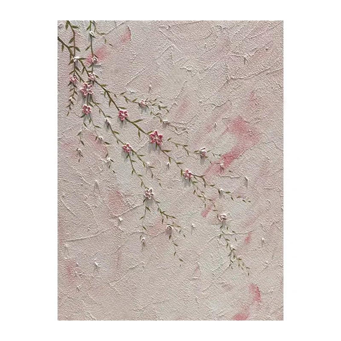 Pink Cherry Blossom Branch on White Plaster Texture Art Poster - Image 3