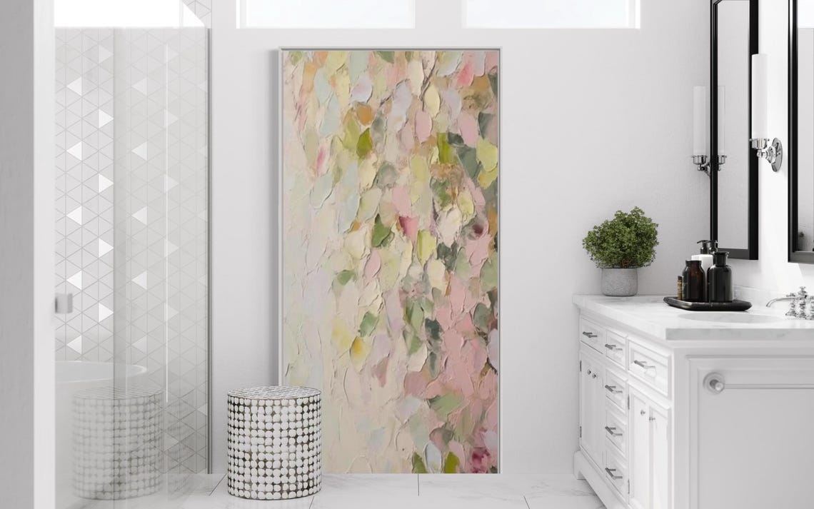 Pastel Pink Green Petals Abstract Impasto Vertical Floral Poster - Image 2
