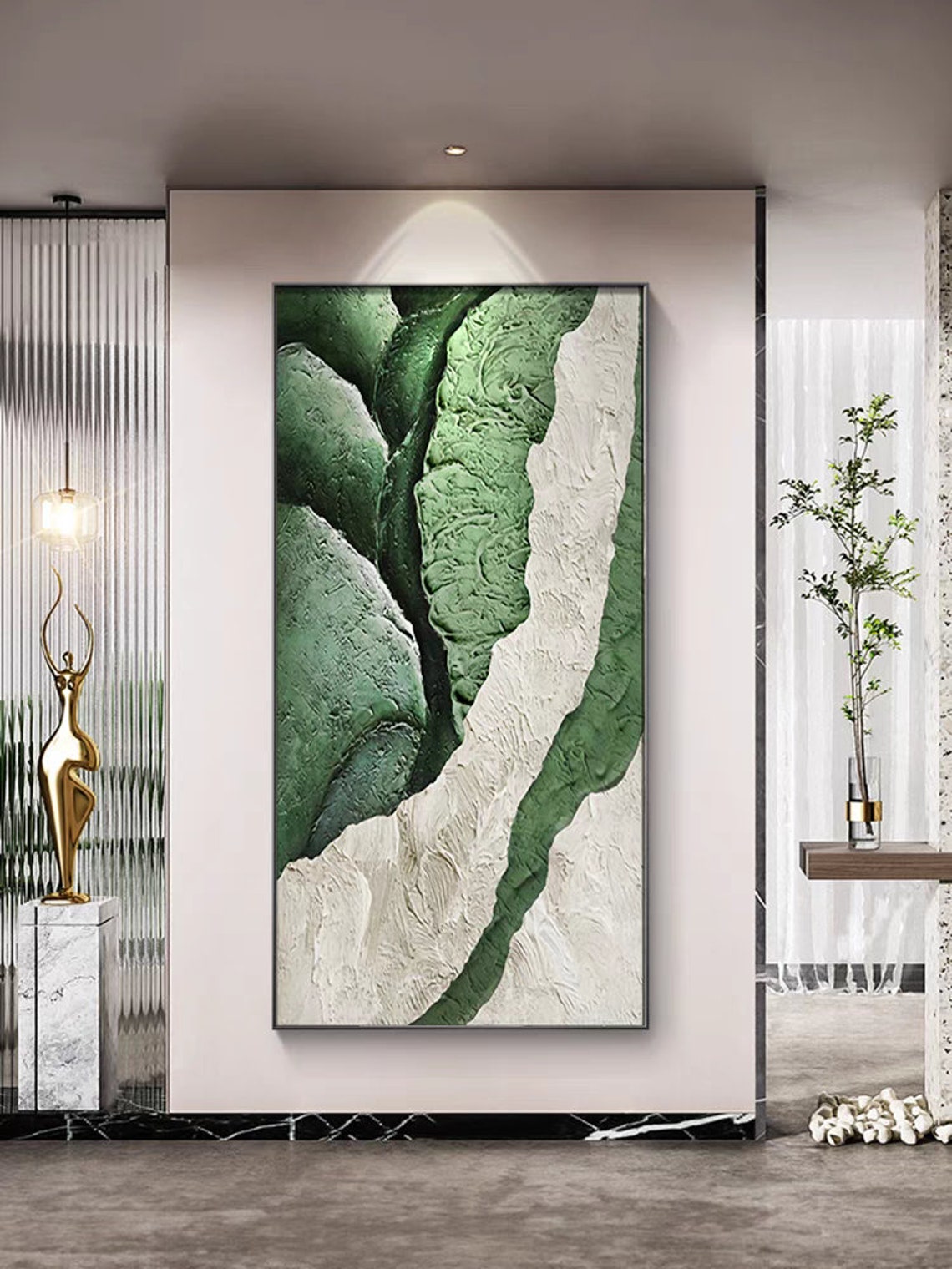 Abstract Green And White Textured Painting Extra Large Vertical Contemporary Hand Painted Art On Custom Creative Gift For Home Decor - Image 3