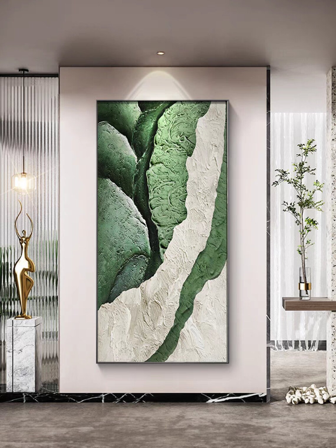 Green and White Textured Botanical Abstract Nature Painting Poster - Image 3
