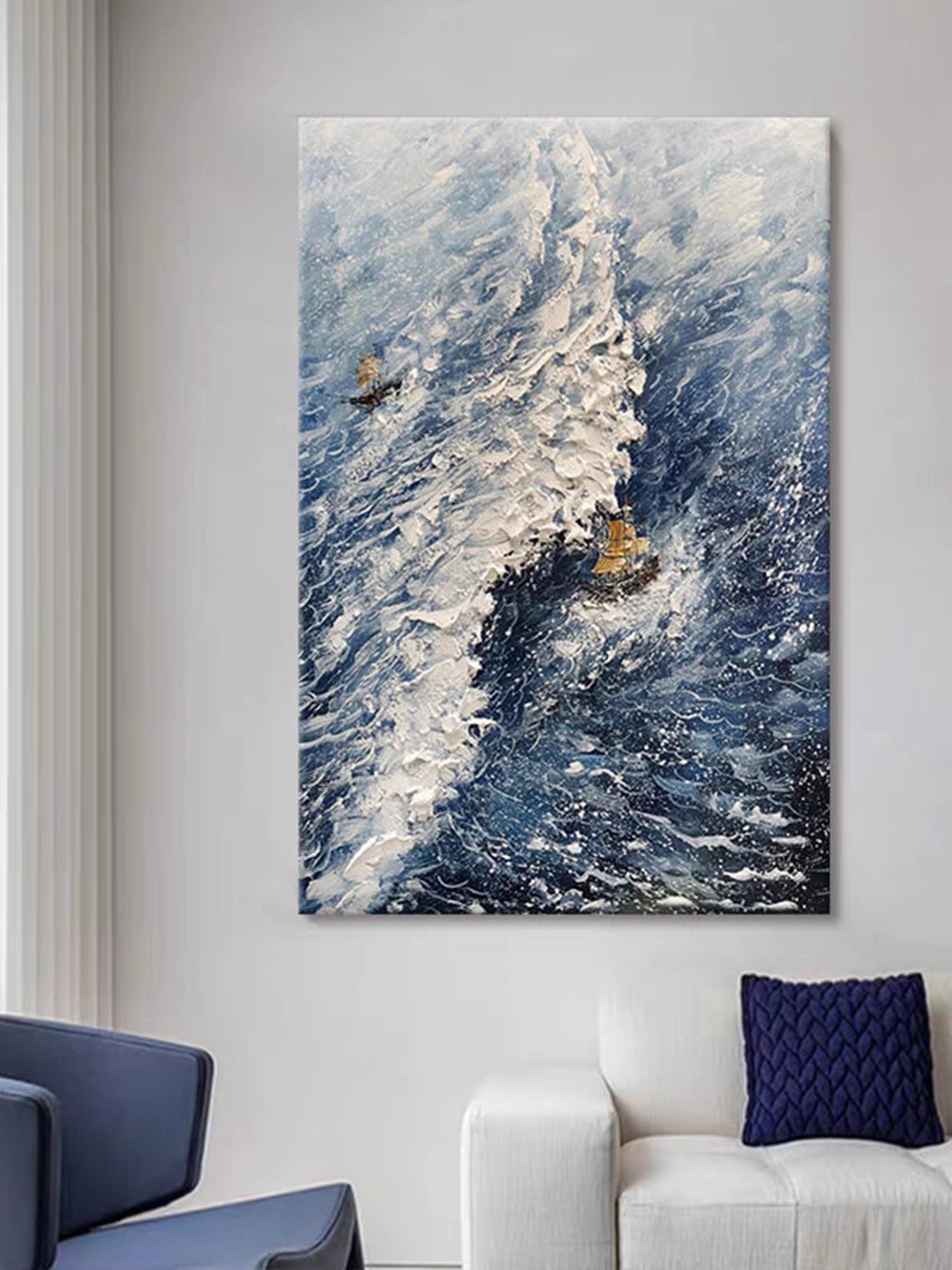 Tall Ship on Blue Ocean Waves Textured Nautical Seascape Poster - Image 4