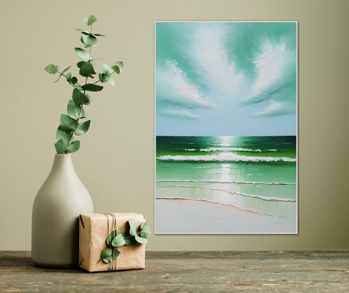 Vertical Mint Green Seascape With Turquoise Waves Beach Shore Poster - Image 4