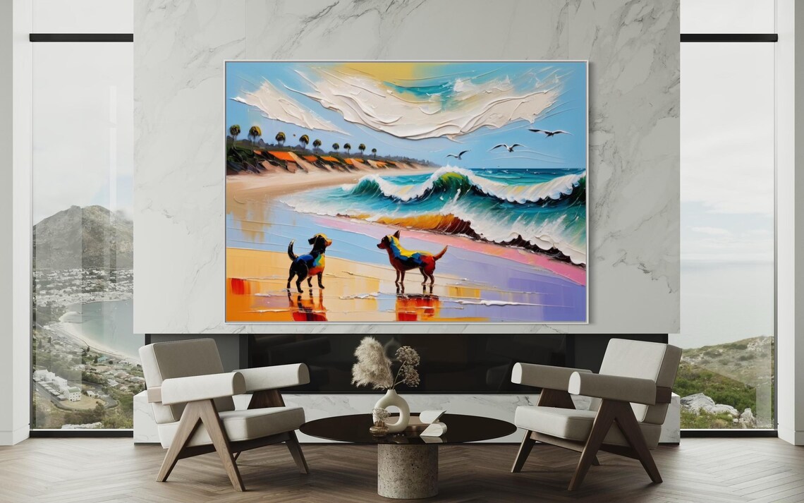 Two Colorful Dogs on Sandy Beach by the Ocean Waves Art Poster - Image 3