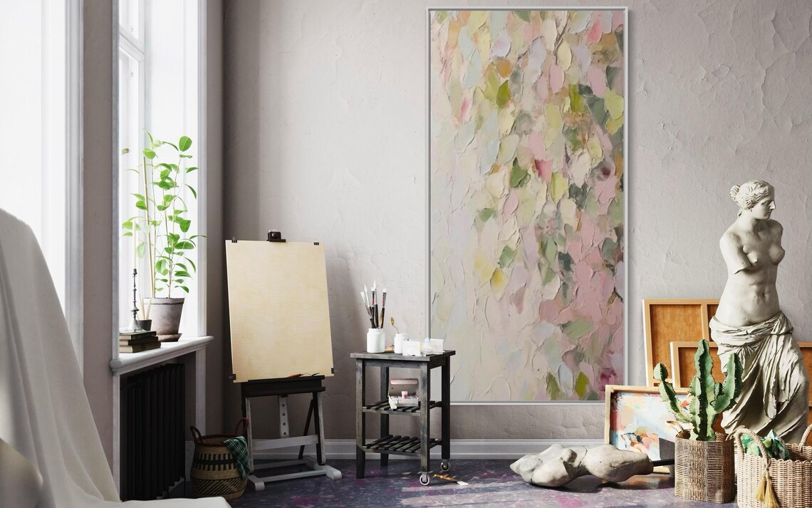 Pastel Pink Green Petals Abstract Impasto Vertical Floral Poster - Image 3