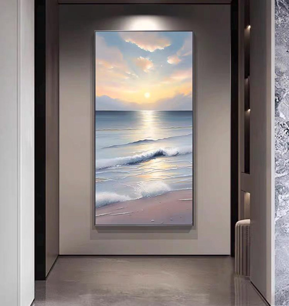 Golden Sunrise over Rolling Ocean Waves Beach Scene Art Poster - Image 3