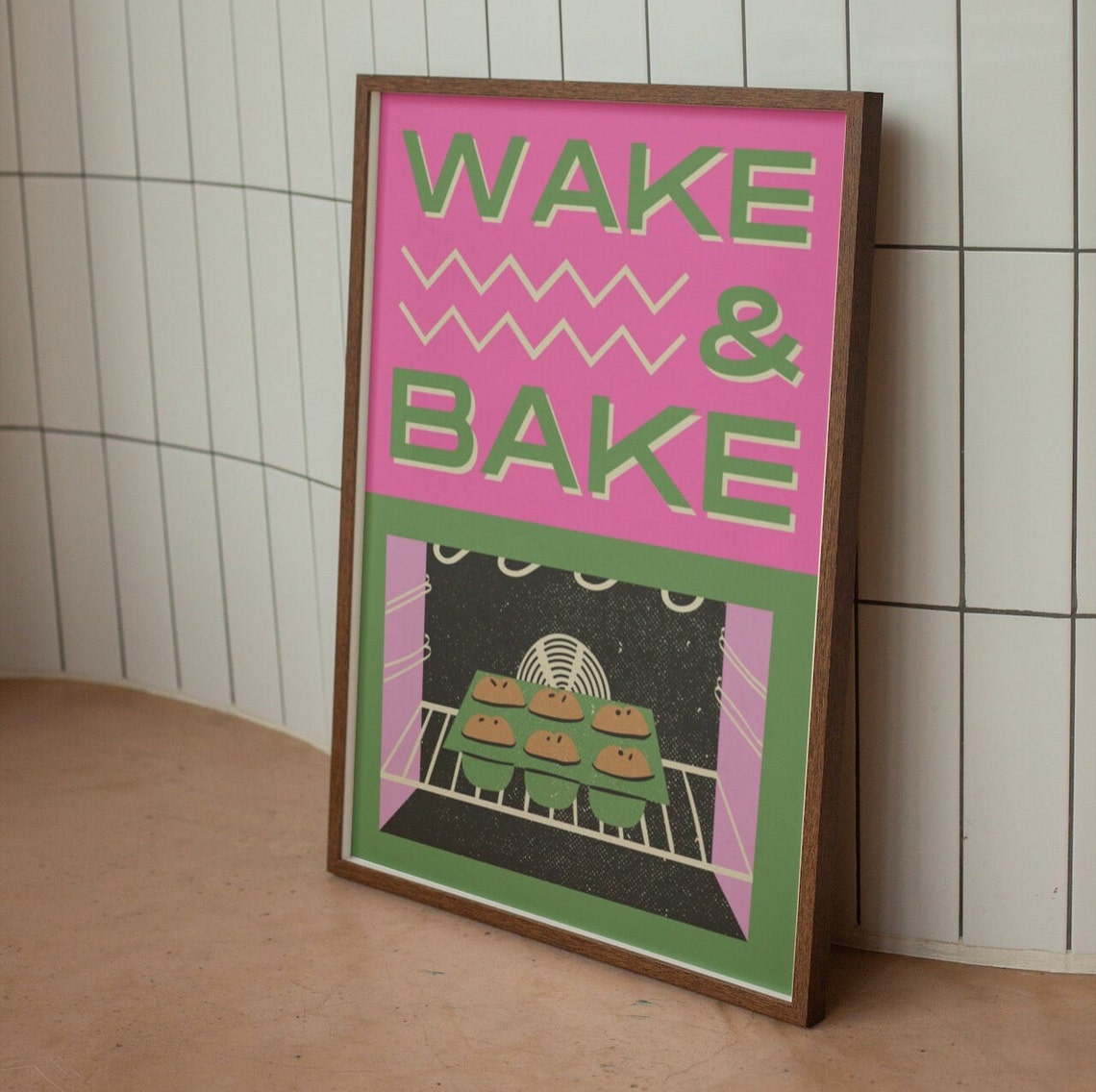 Wake and Bake Cute Oven Muffins Pink Green Retro Kitchen Poster - Image 2