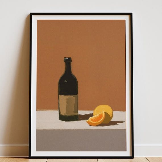 Red Wine Bottle With Orange Slice Warm Minimal Still Life Poster