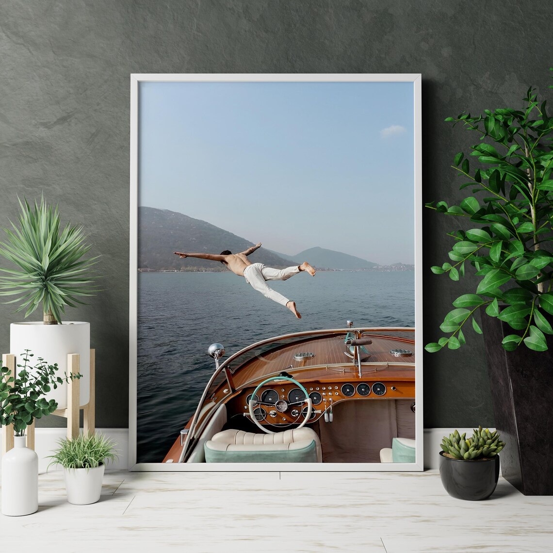 Man Diving Off Classic Wooden Motorboat into Lake Summer Freedom Poster