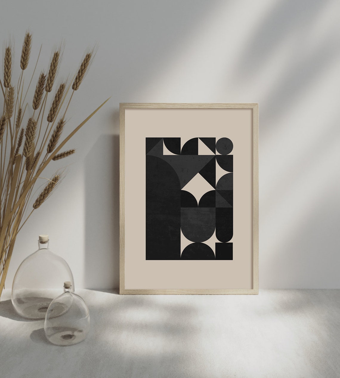 Black Geometric Bauhaus Style Composition on Beige Modern Art Poster - Image 2