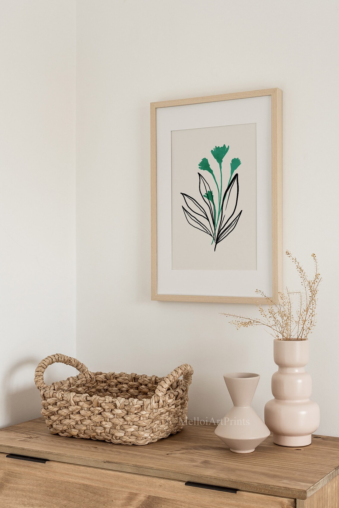 Botanical Line Art Design Teal Green Flowers Minimalist Wall Poster - Image 3