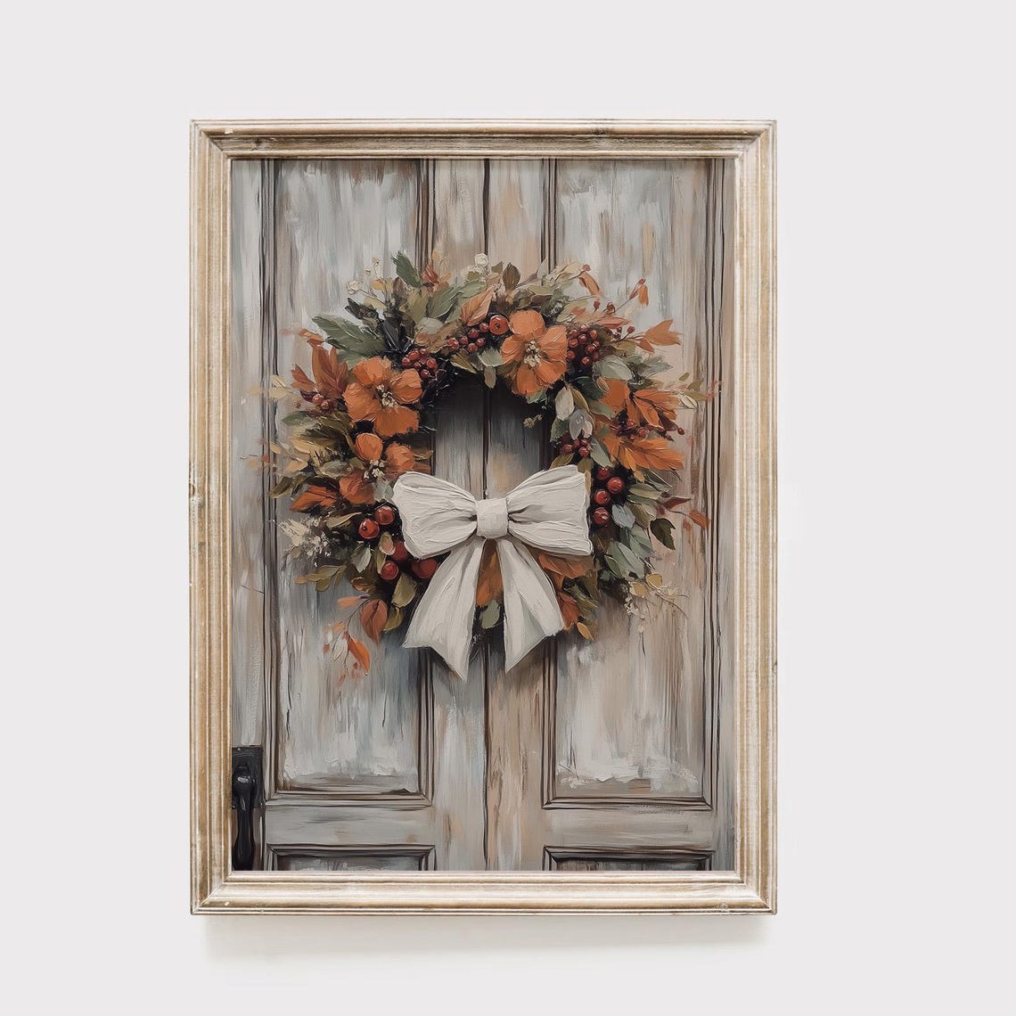 Charming Autumn Floral Wreath on Rustic Door Fall Painting Poster