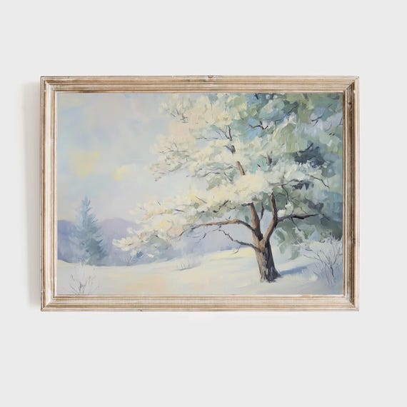 Winter Tree Landscape Art Print Snowy Nature Wall Decor Peaceful Winter Scene Painting Blue White Artwork Home Office Decoration