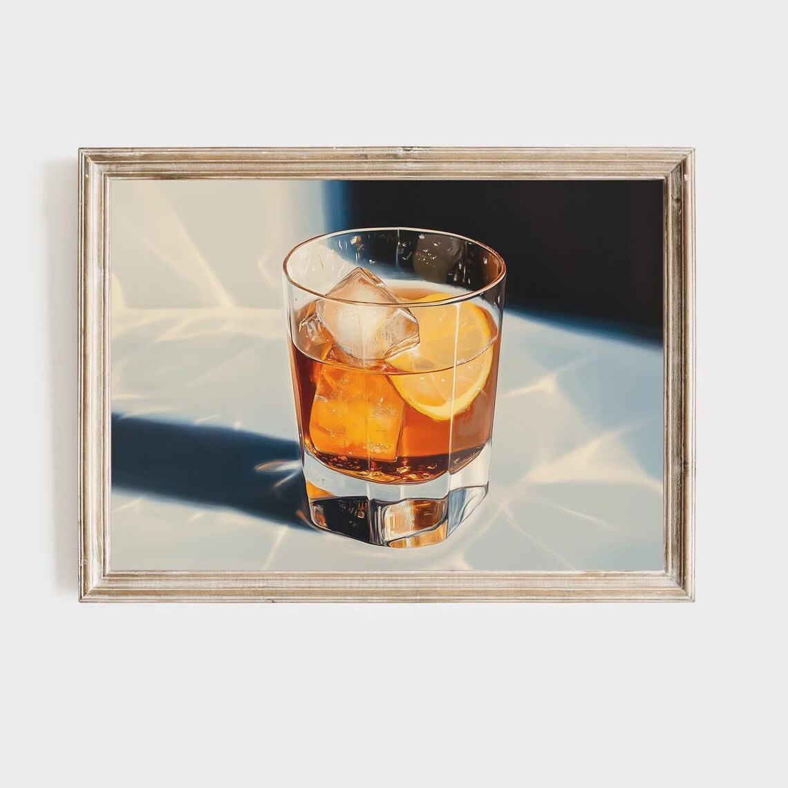Old Fashioned Whiskey Glass Ice Orange Slice Dramatic Light Bar Art Print