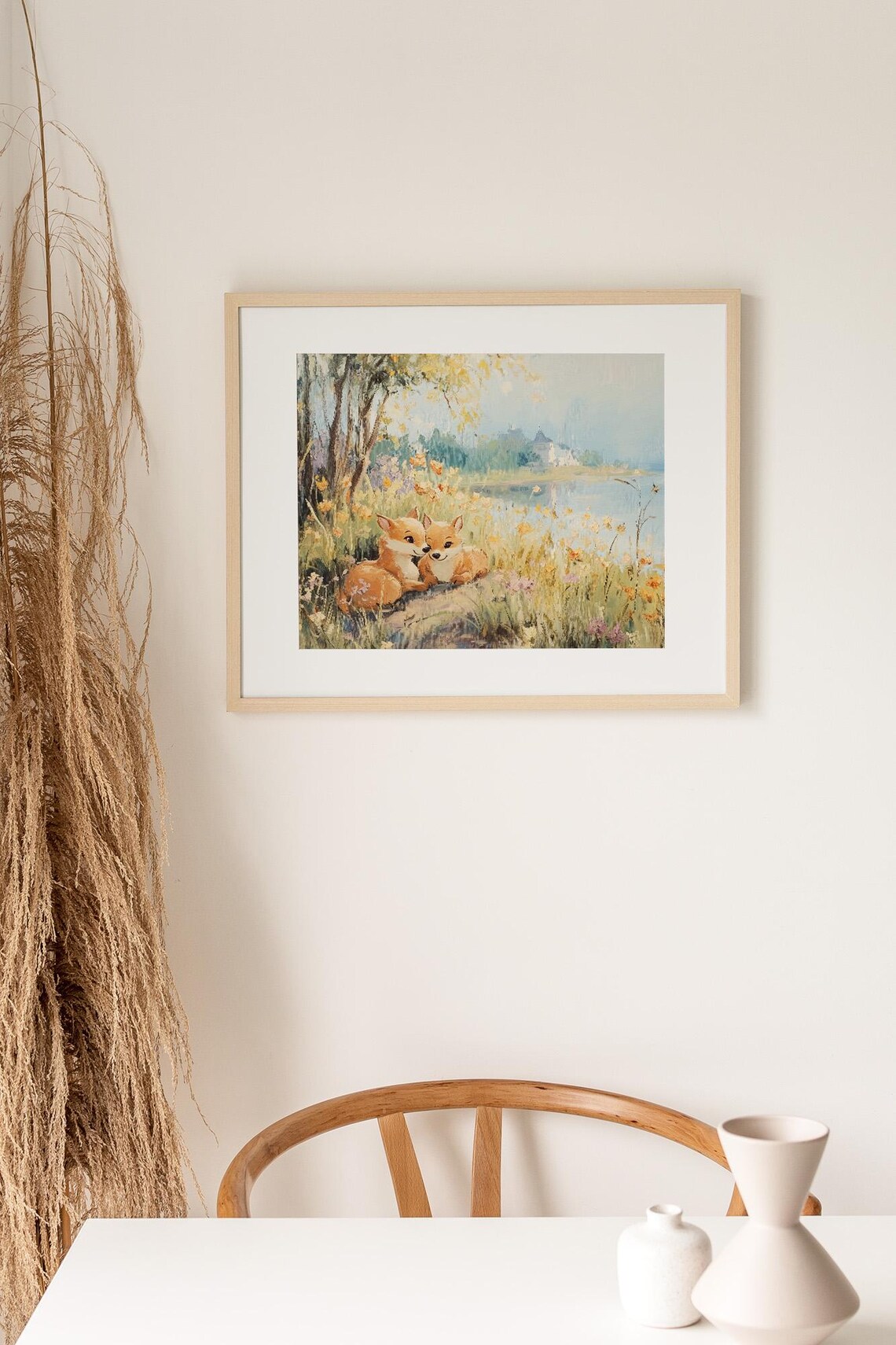 Two Fox Kits in Wildflower Meadow Storybook Animal Painting Art Print - Image 3
