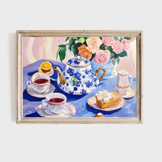 Tea Time Wall Art Blue White Teapot Print Pink Roses Kitchen Decor Afternoon Tea Party Painting Vintage Tea Illustration