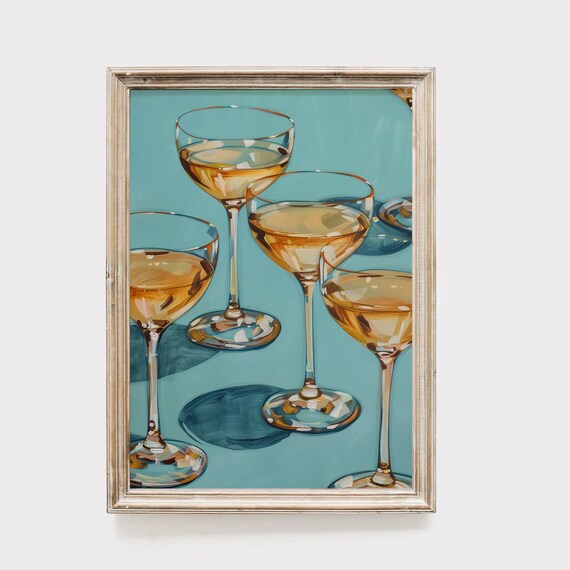 Champagne Coupe Glasses Teal Bar Cart Retro Cocktail Art Poster