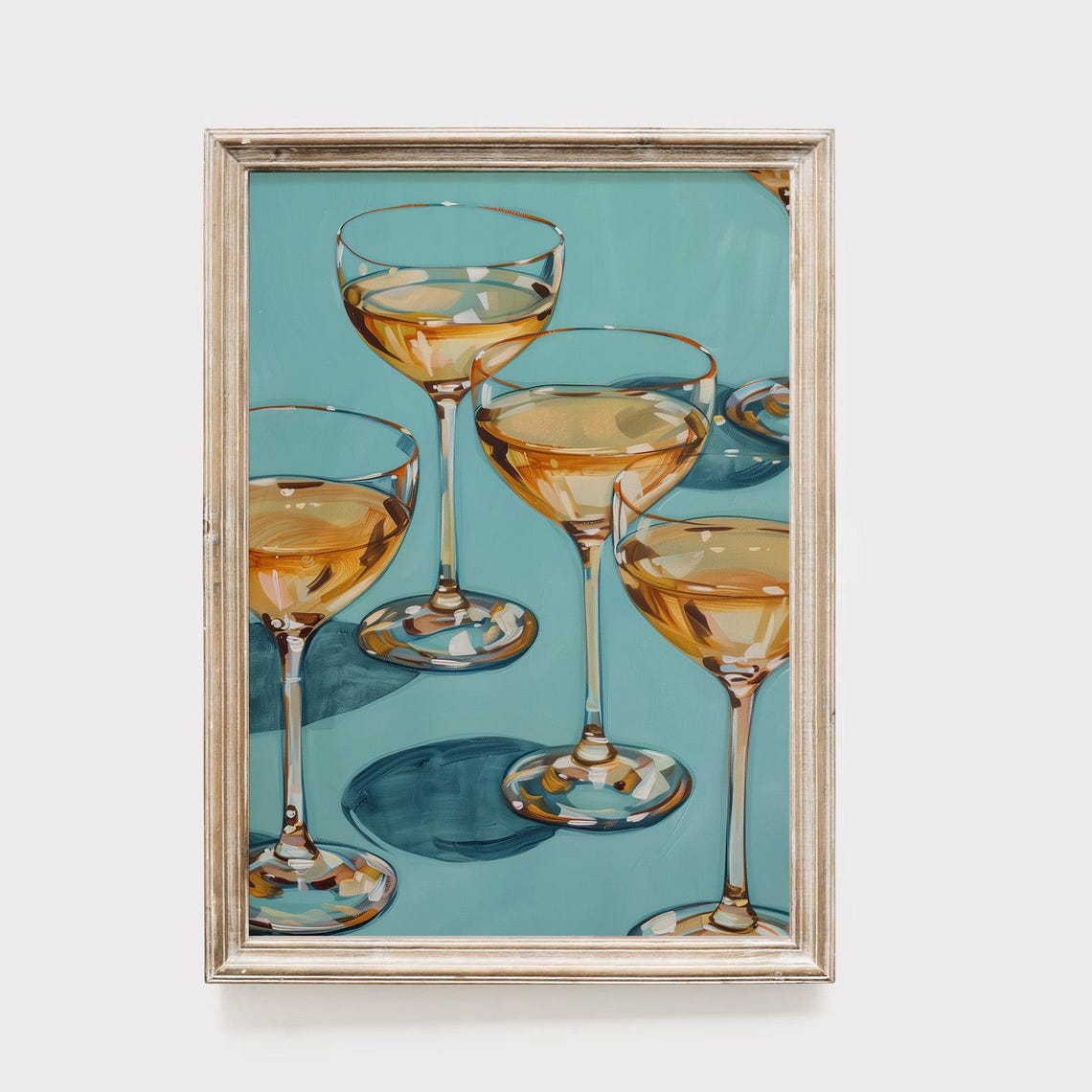 Champagne Coupe Glasses Teal Bar Cart Retro Cocktail Art Poster