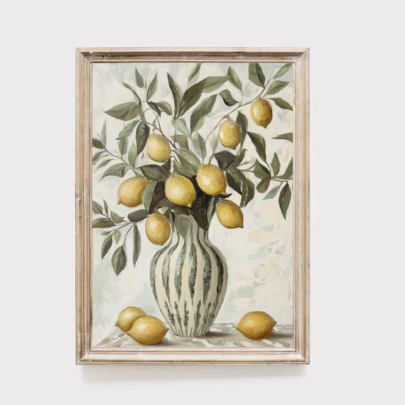 Lemon Branch Still Life Print Yellow Citrus Fruit Art Kitchen Wall Decor Botanical Painting Farmhouse Dining Room Picture