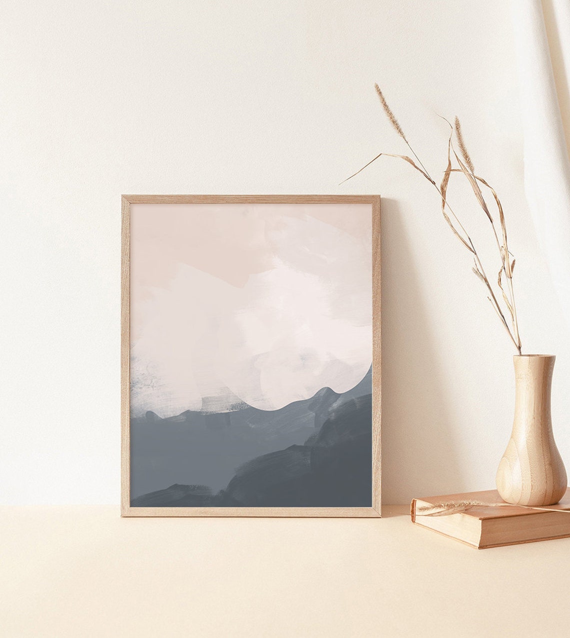 Blush Pink Clouds Over Blue Gray Mountain Waves Minimalist Poster - Image 2