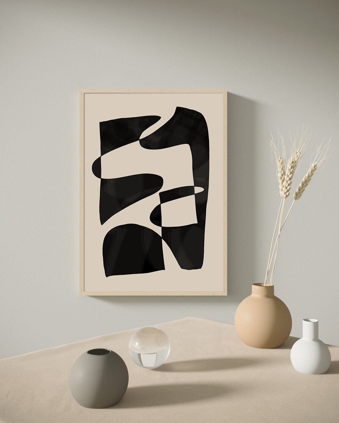 Beige Black Boho Abstract Print, Mid-Century Poster