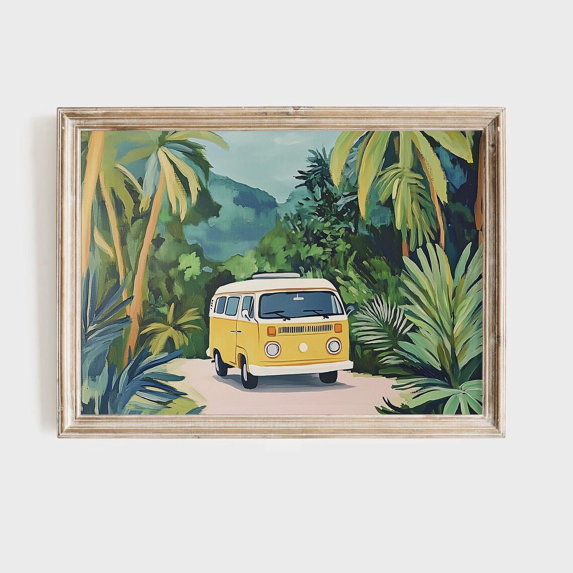 Cheerful Retro Yellow Van Tropical Jungle Travel Painting Poster