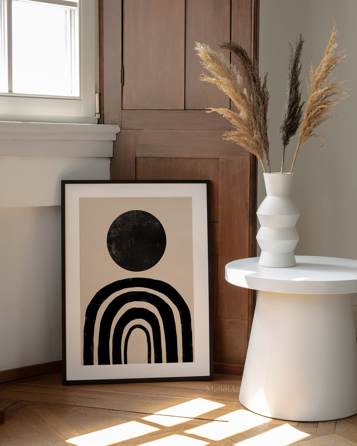 Black Sun Over Layered Rainbow Arches Beige Boho Minimalist Poster - Image 2