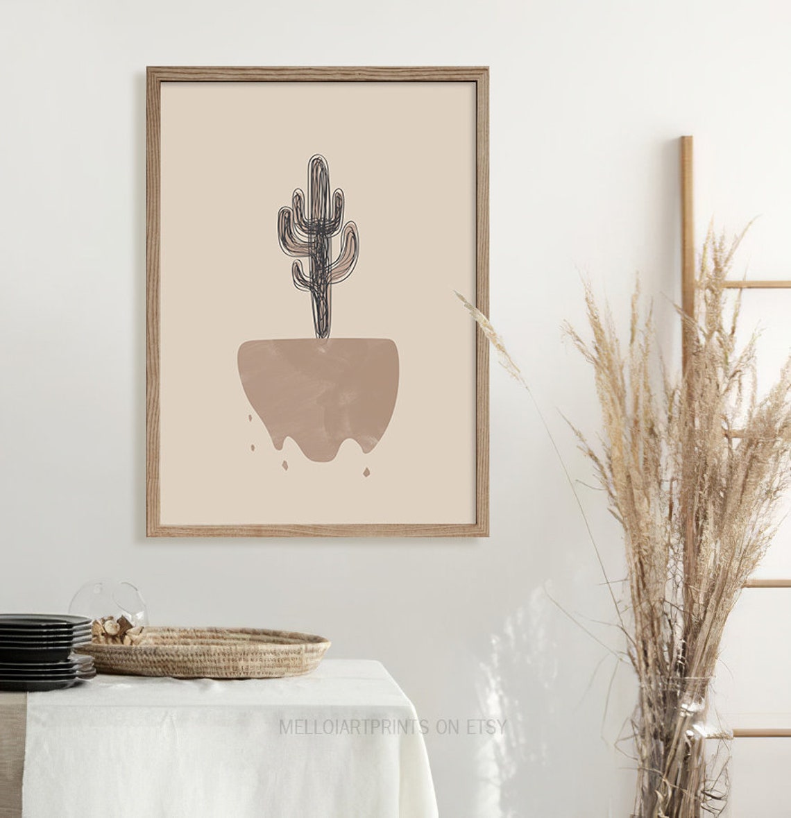 Line Drawn Saguaro Cactus Beige Pot Boho Minimal Desert Wall Art