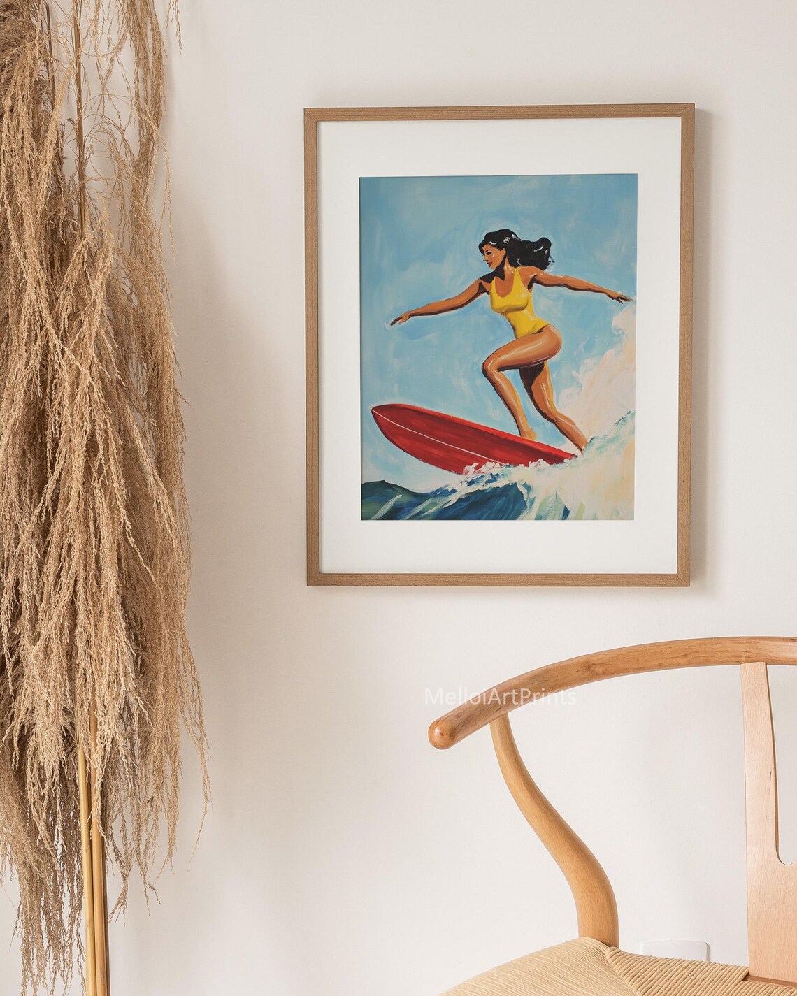 Retro Surf Girl Yellow Swimsuit Red Surfboard Vintage Beach Poster - Image 3