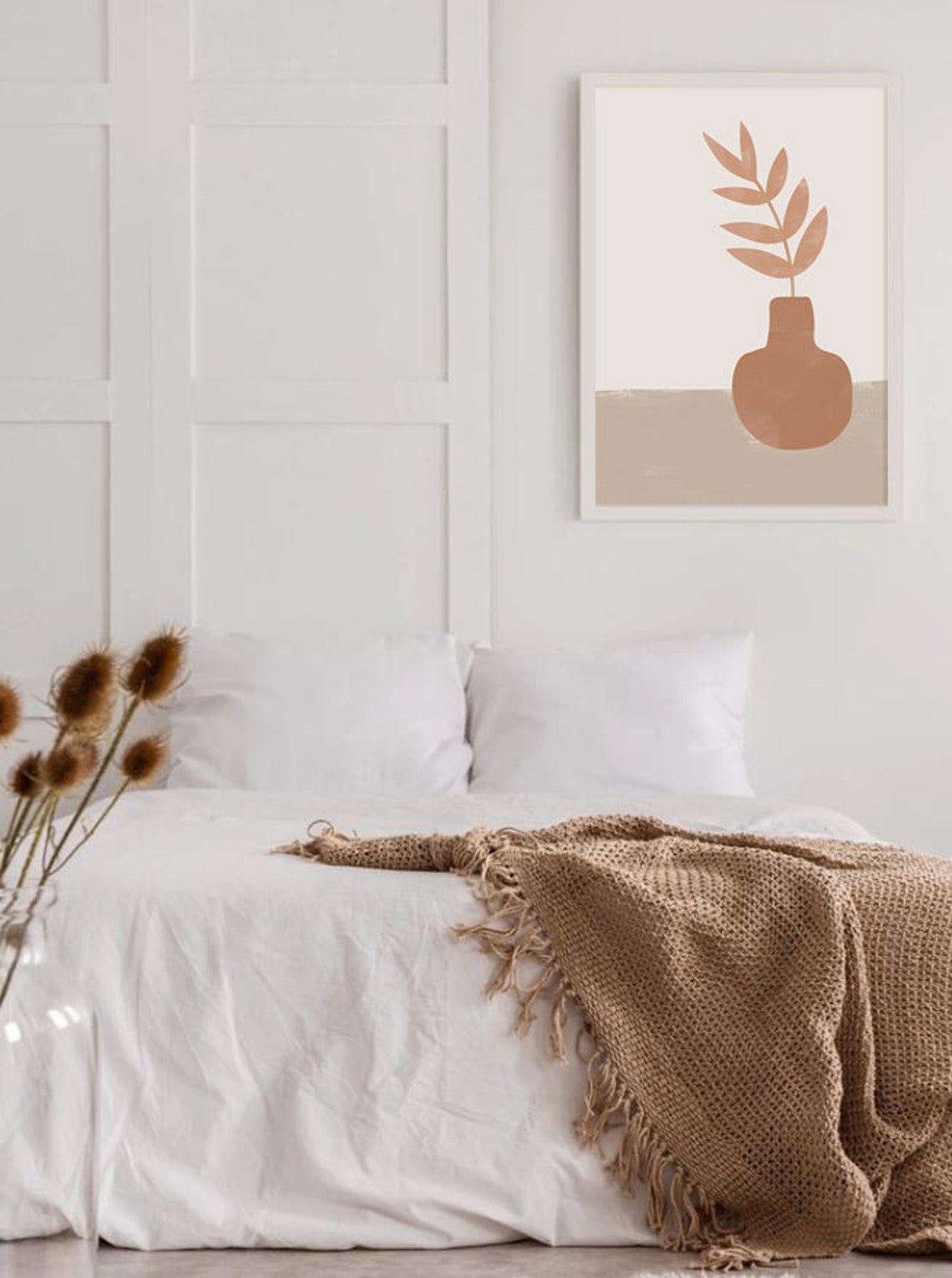 Terracotta Vase With Leaf Branch Beige Minimalist Bedroom Poster - Image 2