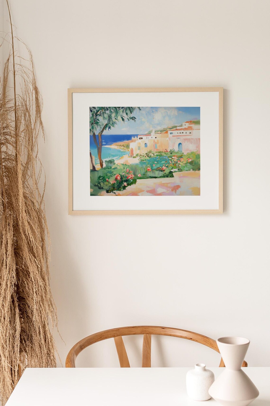 Mediterranean Coastal Village White Houses Seaside Painting Poster - Image 2