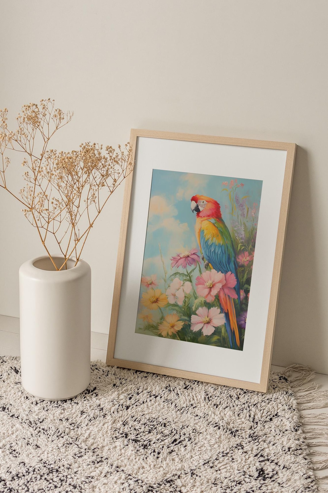Colorful Scarlet Macaw Parrot Pink Flowers Tropical Painting Poster - Image 2