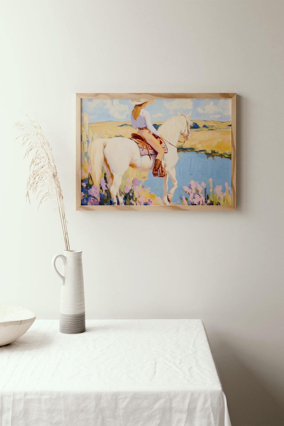 Cowgirl On White Horse Painting Western Landscape Art Print Wildflower Field Artwork Ranch Life Wall Decor Country Lake Scene - Image 2
