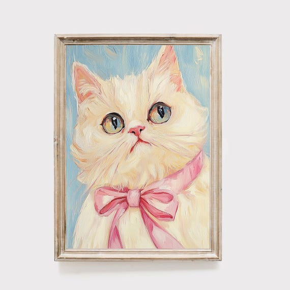 White Cat Portrait Colorful Feline Art Kitty With Pink Bow Playful Pet Painting Nursery Wall Decor Impressionist Cat Print