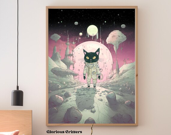 Black Cat Astronaut on Alien Moon Retro Sci Fi Space Cat Poster