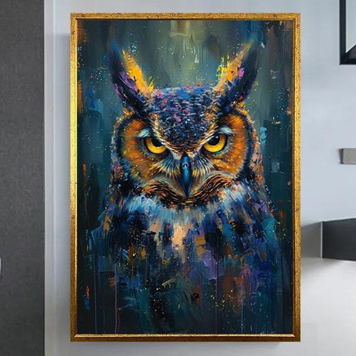 Colorful Abstract Owl With Intense Yellow Eyes Modern Art Poster