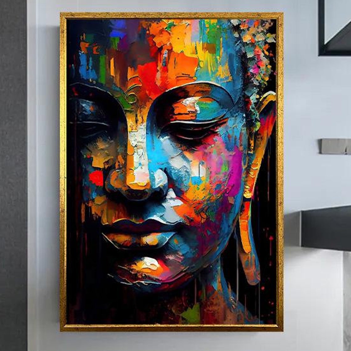 Colorful Abstract Buddha Face Modern Oil Painting Zen Decor Poster