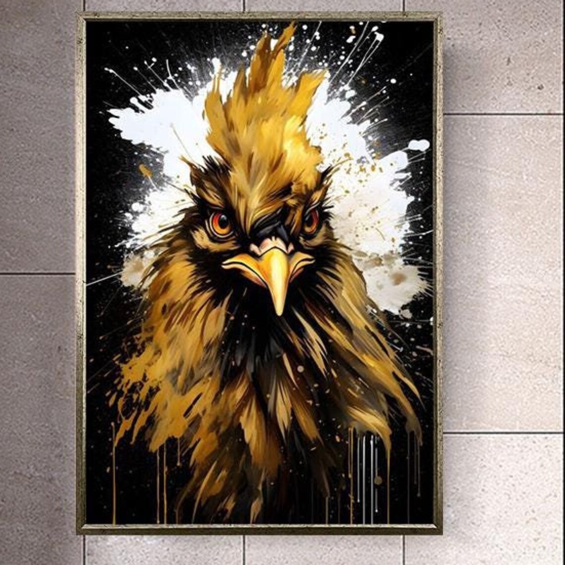 Golden Rooster Close-Up Portrait on Black Paint Splatter Art Poster
