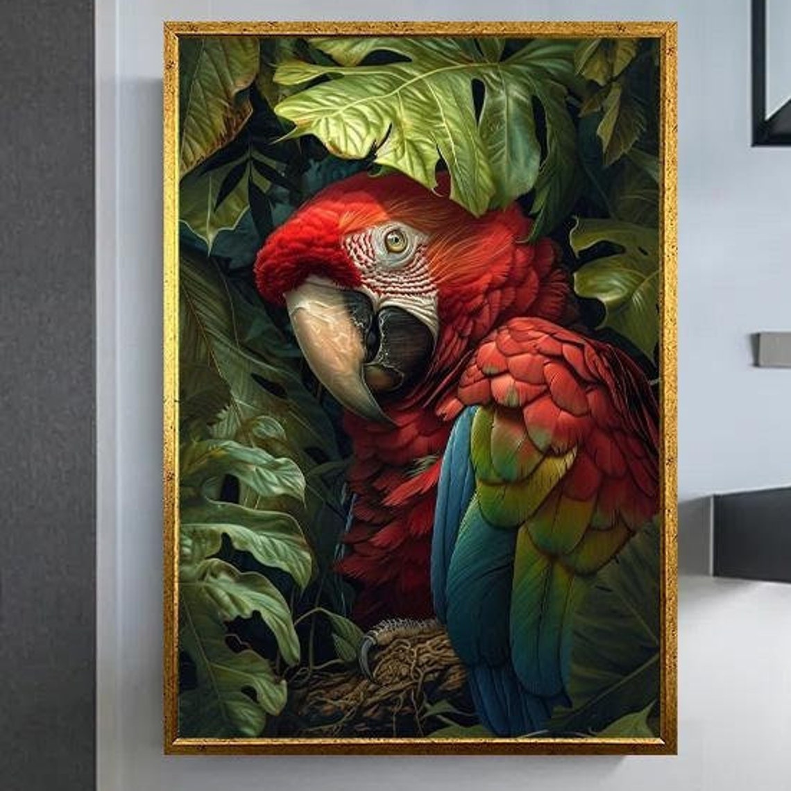 Scarlet Macaw Parrot Peeking Through Tropical Jungle Leaves Poster