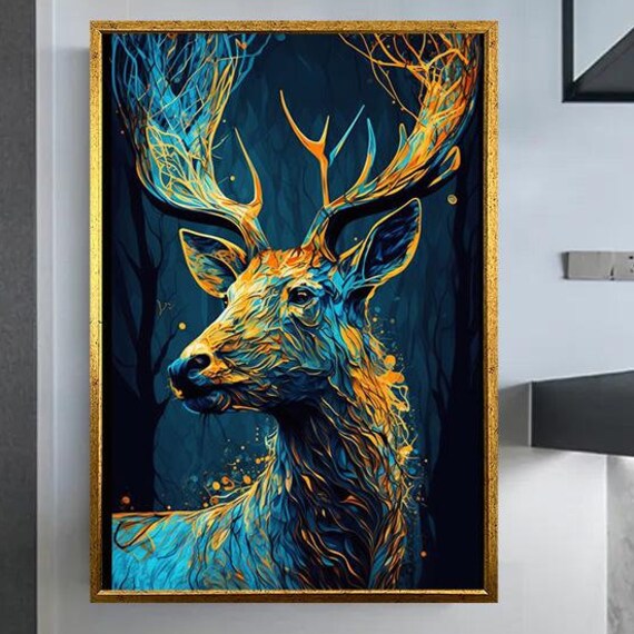 Glowing Blue And Gold Stag Portrait In A Dark Pine Forest Poster