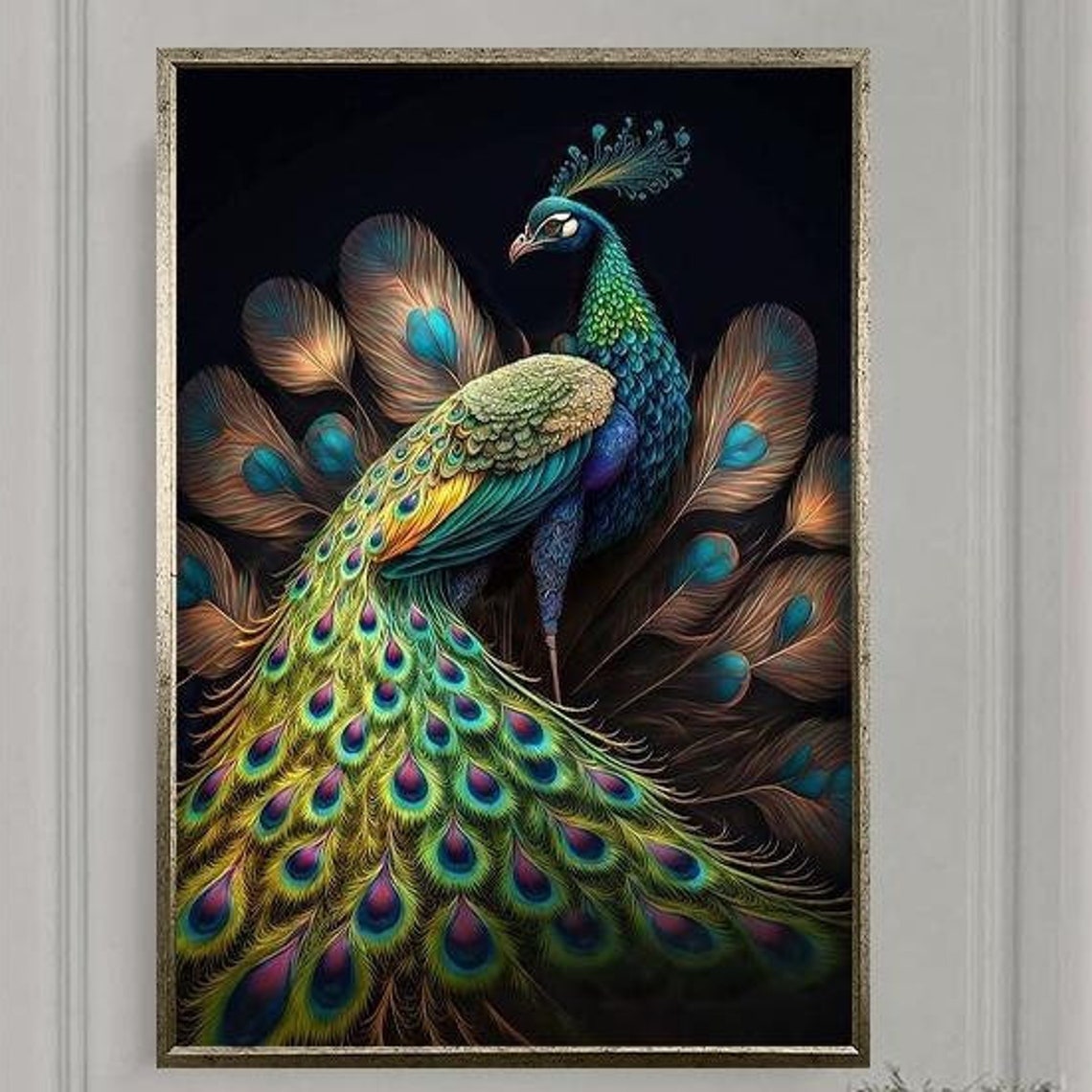 Peacock With Fanned Tail On Black Elegant Luxury Bird Poster