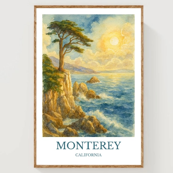 Monterey California Cypress Tree Sunset Coast Watercolor Travel Poster