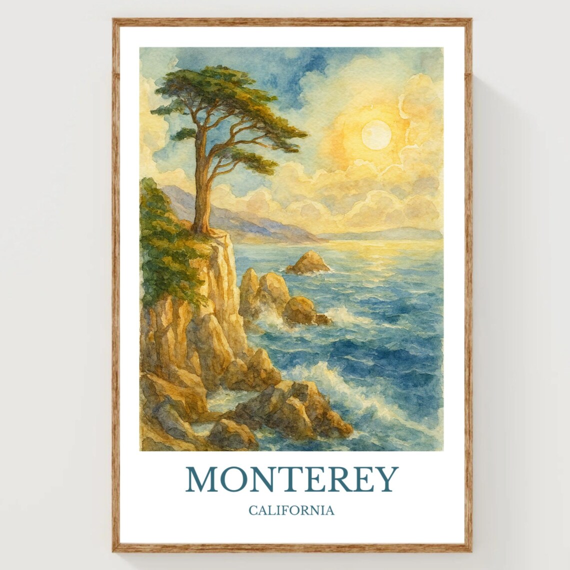 Monterey California Cypress Tree Sunset Coast Watercolor Travel Poster