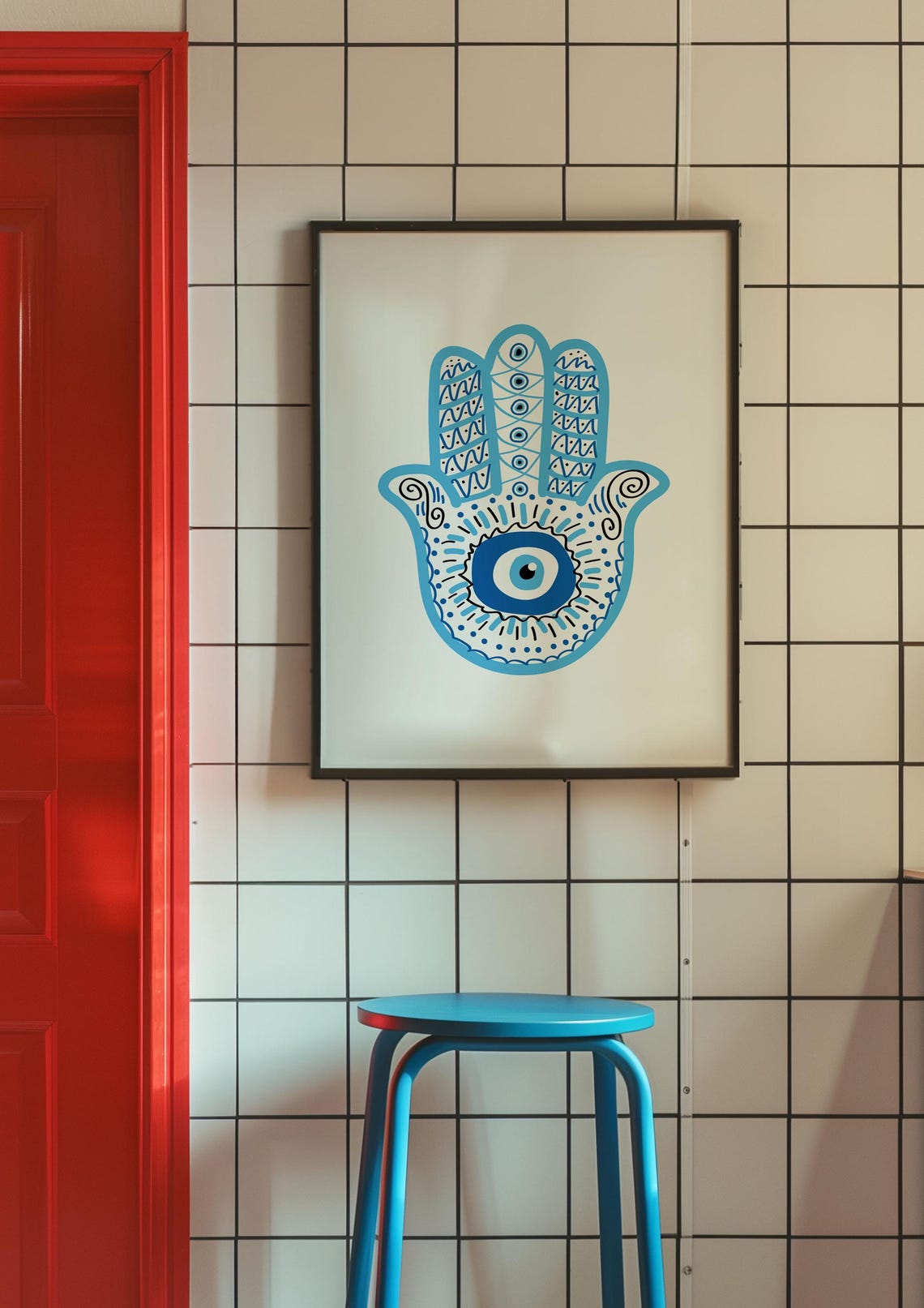 Blue Hamsa Hand Evil Eye Mandala Protection Symbol Art Print - Image 4