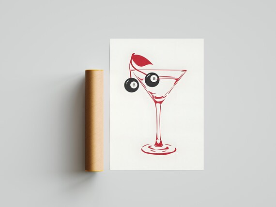 Red Line Martini Glass With Eight Ball Garnish Minimalist Cocktail Poster