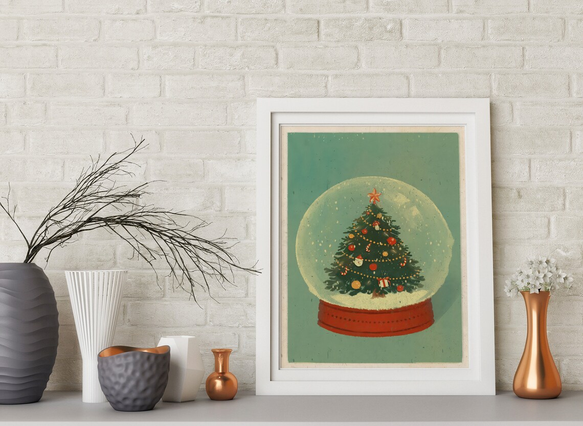 Vintage Snow Globe With Decorated Christmas Tree Sage Green Holiday Poster - Image 3